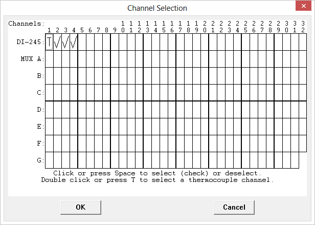 DI-245 Channel Selection Grid with Thermocouple channel enabled.