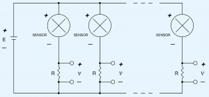 Schematic of two or more 2-wire 4-20 mA sensors powered by a single power supply. 