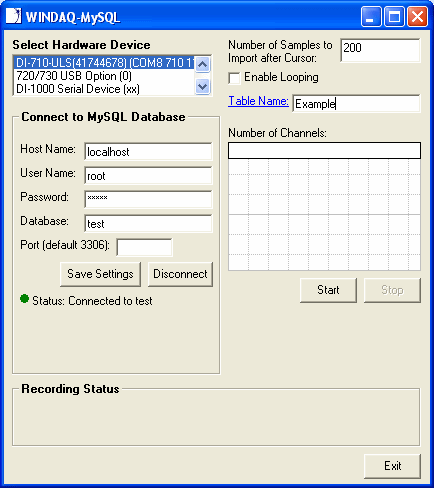 WinDaq/MySQL window