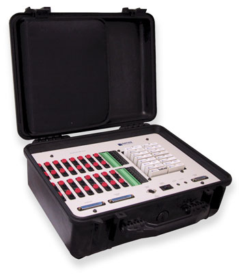 16-channel portable configuration shown above (model DI-500-16). Right side of instrument shows DI-5B signal conditioning modules installed. Left side is where input signals are connected, to either 5-way binding posts (banana jacks) or screw terminals. 16-channel portable configuration shown above (model DI-500-16). Right side of instrument shows DI-5B signal conditioning modules installed. Left side is where input signals are connected, to either 5-way binding posts (banana jacks) or screw terminals.