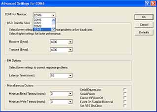 Select a COM port number between 5 and 16