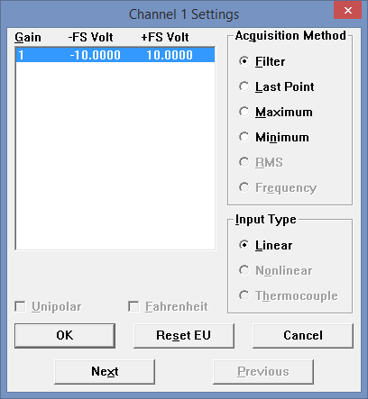 Channel Settings for the DI-2108 DAQ